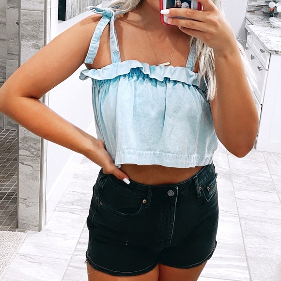 Tops - chambray denim tie straps crop top